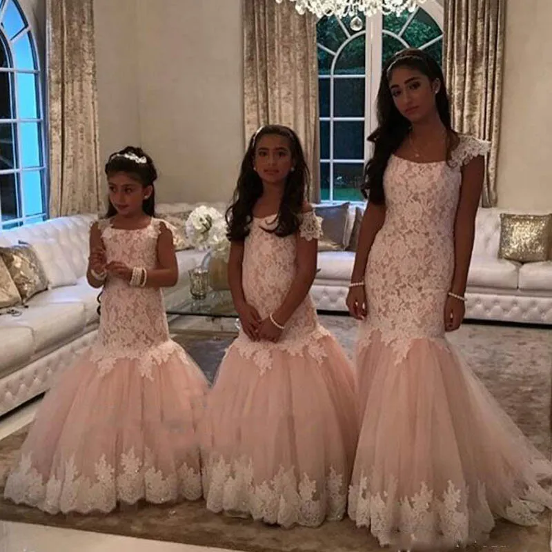 

2019 Champange and Ivory Lace Mermaid Flower Girl Dresses for Weddings First Communion Dresses for Girls Kids Party Gowns