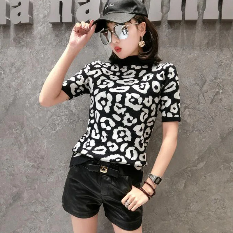 

Women's Knit Sweater 2019 New Leopard Knit Bottom Shirt High Neck Short Sleeve Thin Shirt Fashion Wild Leopard Print Top A508