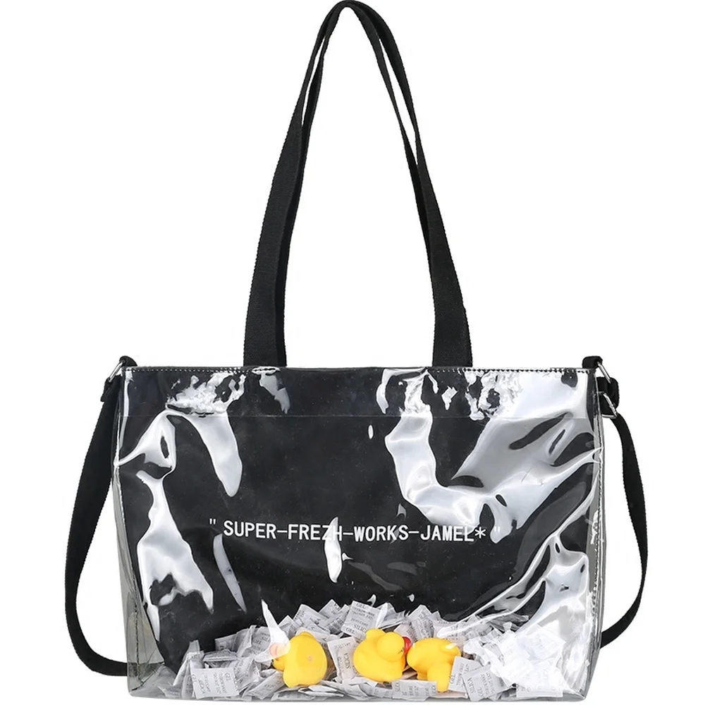 

Handbag Bag Women 2018 New Ins Hot University Students Yellow Duck Transparent Jelly Bag Solid Color Zipper Letter Bags