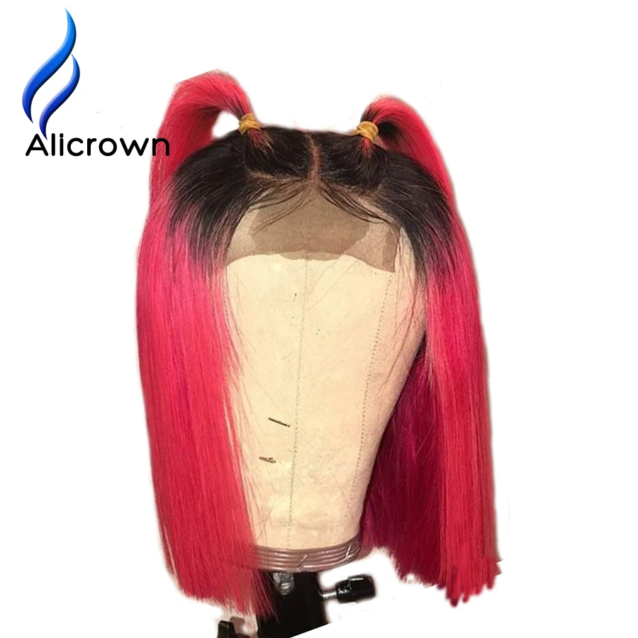

ALICROWN Ombre 1b/Red Short Bob Lace Front Human Hair Wigs Bleached Knots Middle Part Brazilian Remy Colored Lace Wigs Full End