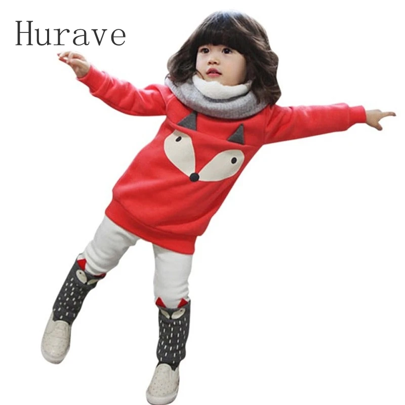 Hurave autumn baby girl clothing suit warm kids clothes fox top pants long sleeve shirts lovely