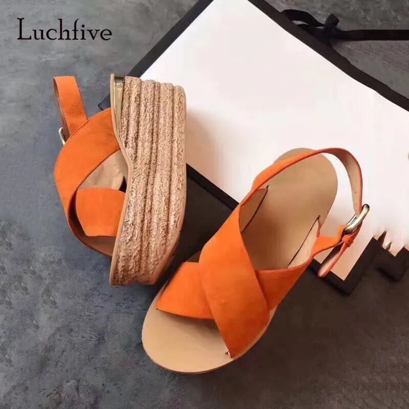 

2019 Summer Wooden Effects High Heel Platform Wedge Sandals Cross Strap Suede Leather Open Toe Shoes Women