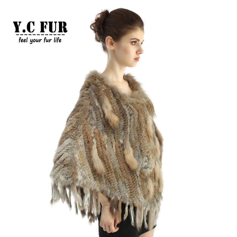 YCFUR Женская шаль пончо Зимний вязаный кроличий мех шарфы шали с мехом енота отделка натуральный мех шарфы пончо женские