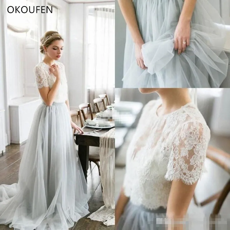 

Two Pieces Tulle Wedding Dresses 2019 vestido de noiva Lace Top Short Sleeves Bohemian Country Bride robe mariage Bridal Gowns