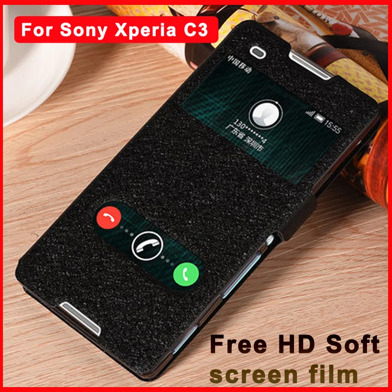 

5.5" Open window cases For Sony Xperia C3 Case C 3 back Cover Luxury PU Leather Flip Cover for sony S55T S55U D2533 coque shell