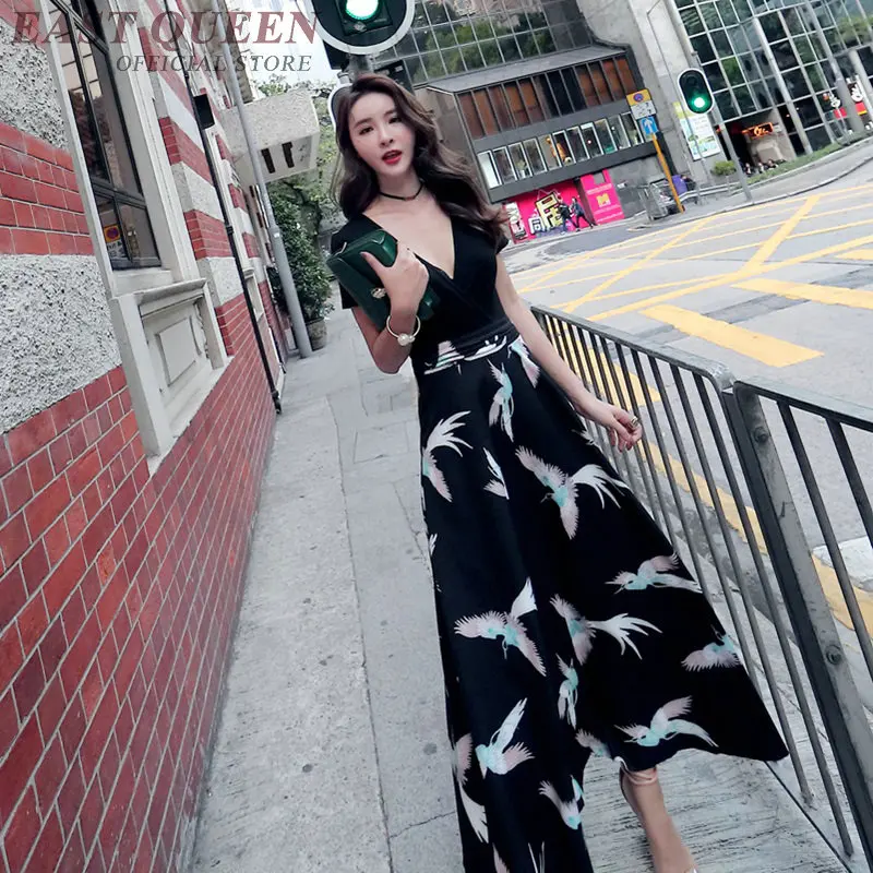 

Japanese dress tunic crane deep v neck dress japan ladies elegant summer beach bohimian kimono dress FF447