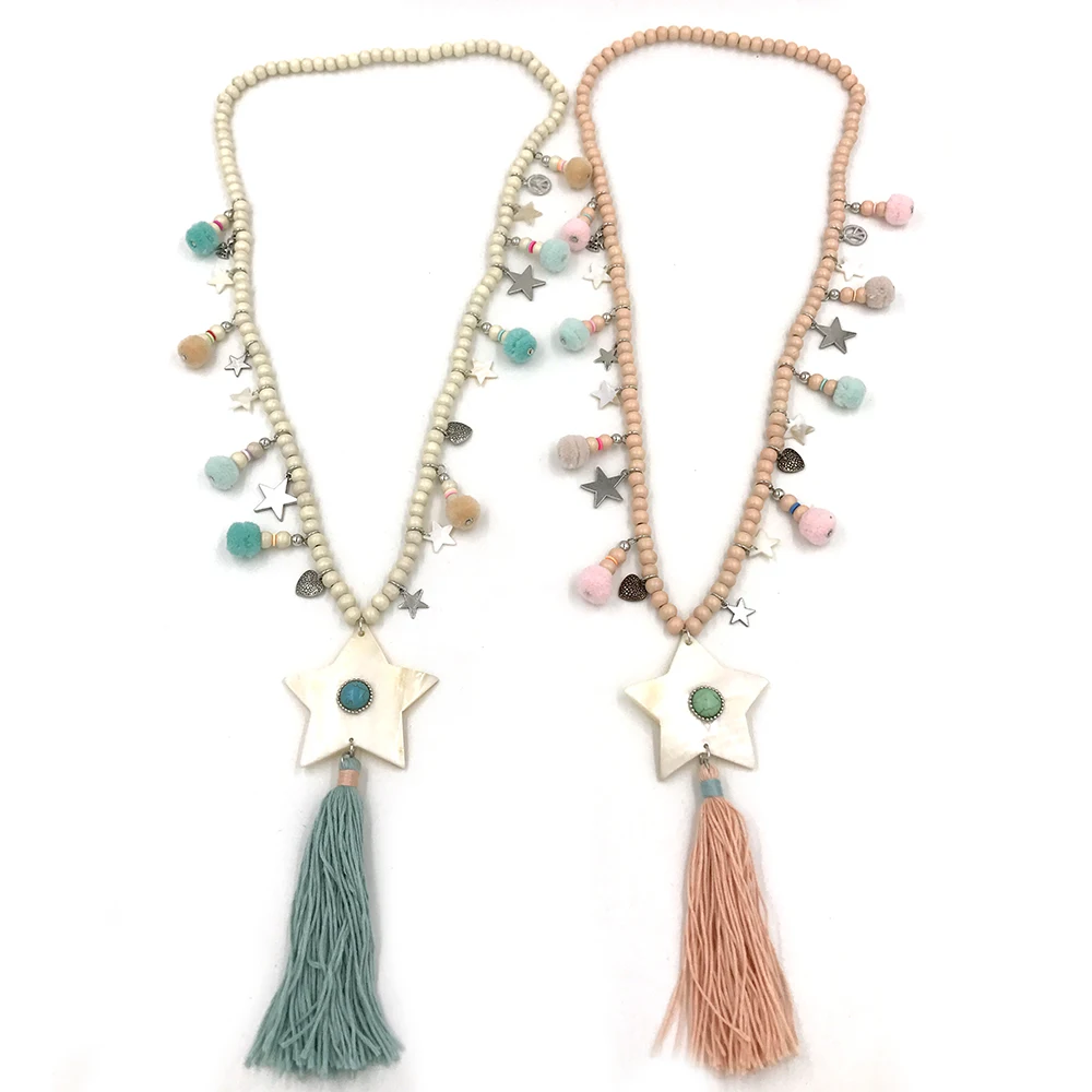 2017 new wooden beaded chain sea shell five stars Pentagram pendants pink tassel pendant maxi collar boho chic long necklace