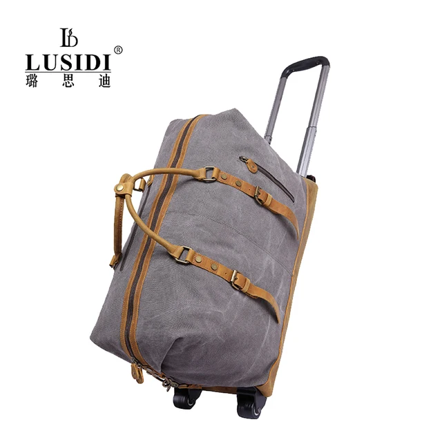 Men Women Canvas Leather Carry On Hand Travel Bag With ...