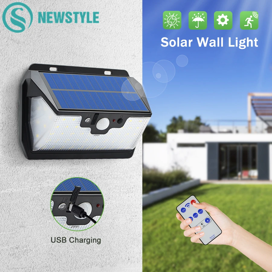 

53 LED Solar Power Light USB Rechargeable Wall Lights 800LM Street Courtyard Home Garden Security Lamp With Remote Control