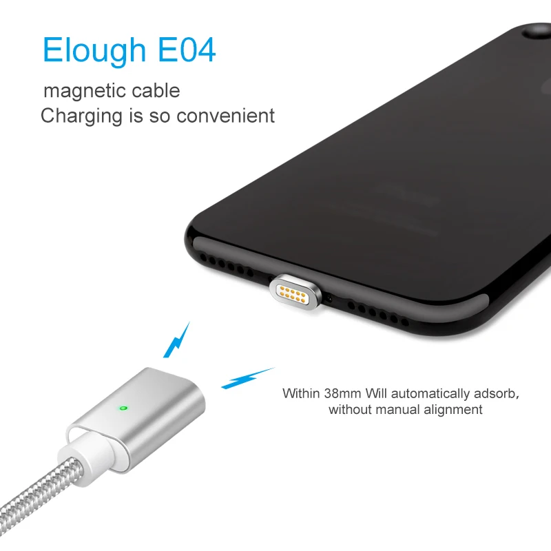 Elough E04 Магнитный зарядный кабель для iPhone 5, 5S, 6, 6 S, 7 Plus, телефоны, быстрая зарядка, Макс. 2,4 А, нейлоновый магнит, кабель для передачи данных