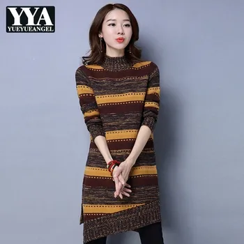 

Red Green Yellow Sweater Striped Elegant Turtleneck Long Pullovers Female High Neck knitted dress Women Clothes Fashion Knitwear