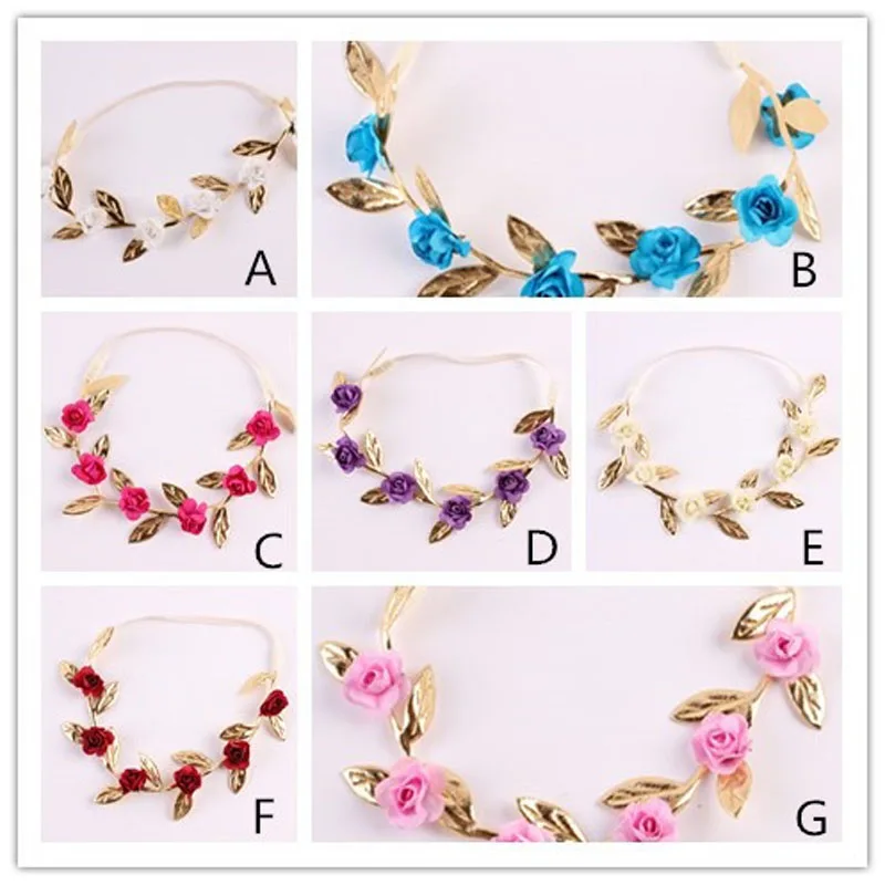 

2017 New Gold Leaf Flower Hairbands Crown Rose Flowers Skinny Elastic Valentines Headwear Girl Headband Hair Accessories