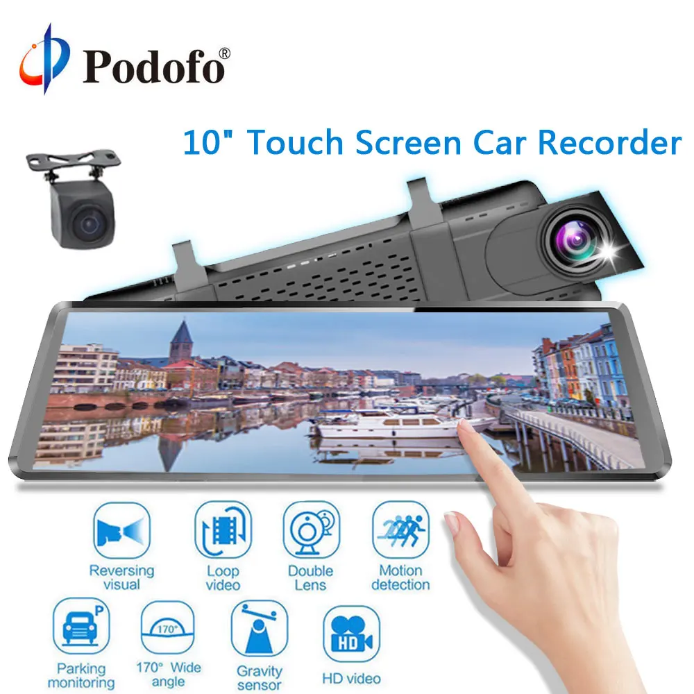 

Podofo 10" IPS Full Mirror Touch Screen Dual Lens Car DVRs Rearview Mirror Car Registrator automobiles drive recorder dashcam