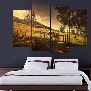 

Modular Poster Canvas Printed Painting Framework 4 Panel Farm Cows Land Wall Artwork Picture Art For Living Room Home Decor