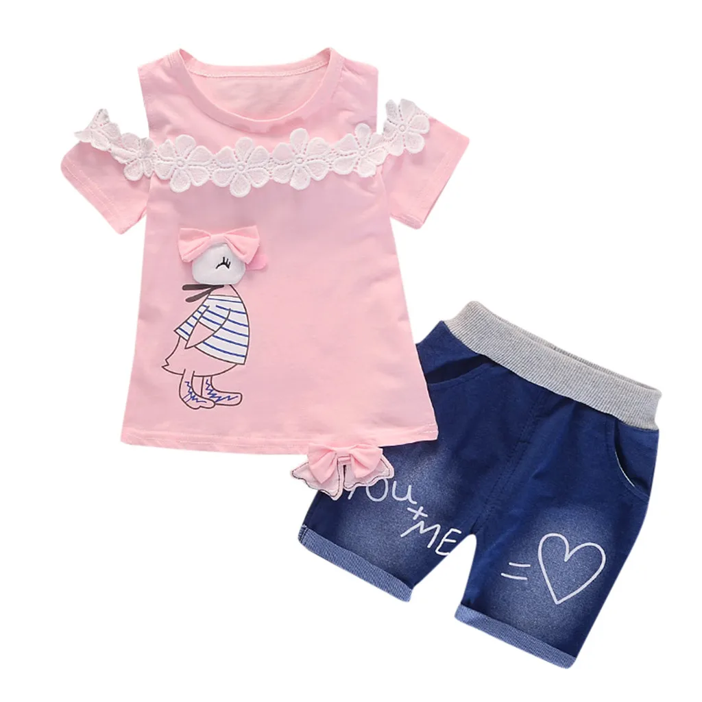 

SZYADEOU Toddler Baby Short Sleeve Cartoon Print Tops+Denim Shorts Set Baby Outfits Summer Infant Girl Clothing Wholesale L4