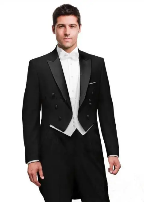 

2017 Custom Made Black Tailcoat Peak Lapel Groom Tuxedos Groomsmen Men's Wedding Suits Best Man Suits (Jacket+Pants+Vest+Tie)