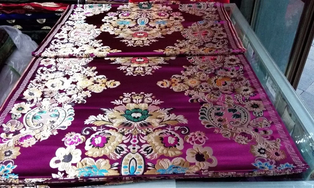 

chinese traditional silk brocade fabric cheongsam 75CM Polyester deep purple back with gold green blue big Positioned pattern