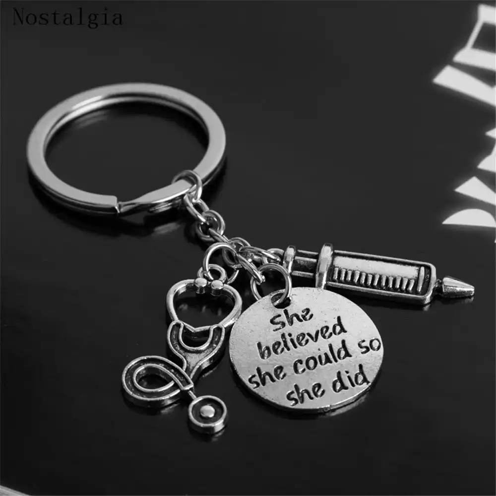 YouCY Stethoscope Key Chain Doctor Syringe Keychain Nurse Medical Keychain She Believed She Could So She Did Keychain Nurse Gift Letter Keychain