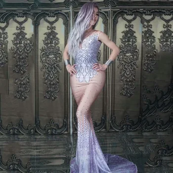 

Sexy Sparkly Crystals Lace Table Lamp Mesh Rhinestone Dress Birthday Celebrate Stones Dress Fringes Costume Dance Outfit YOUDU