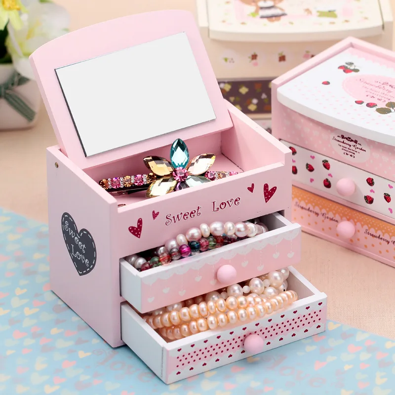 

Creative Cartoon Animal Wooden Jewelry Storage Drawer Girl Desktop Necklace Earring Jewelry With Mirror Storage Box Fashion Gift