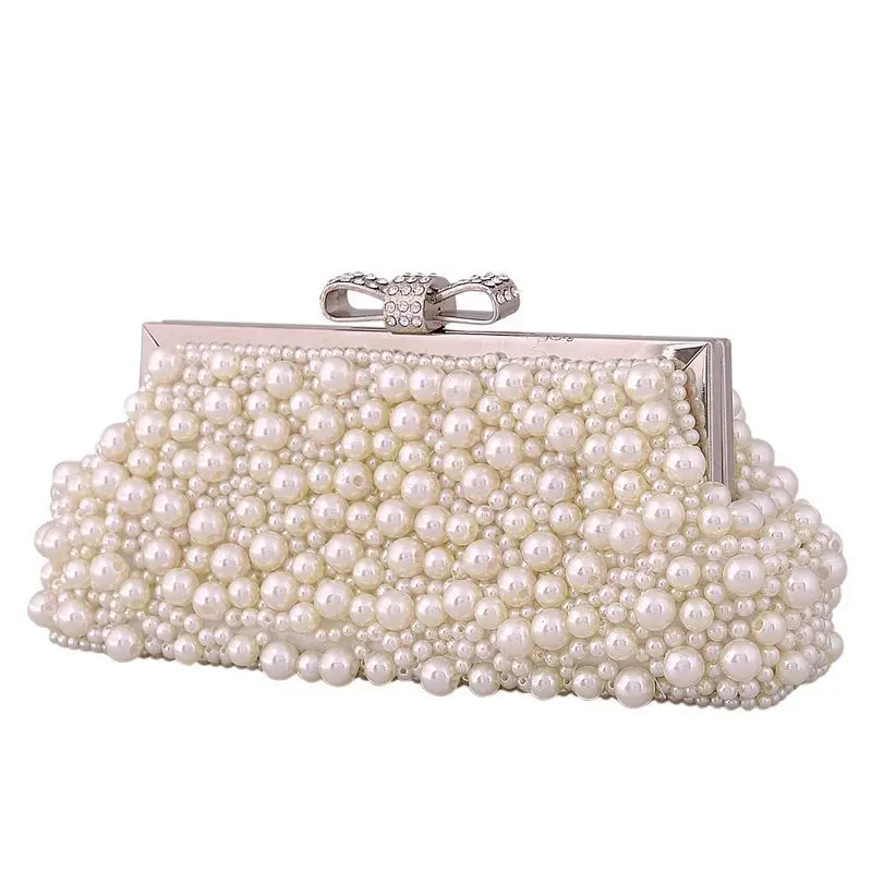 

Bamboo Charm New Pearl Beading Women's Evening Party Clutch Crystal Bownot Hasp Buckle Handbag Fashion Shoulder Bag Crossbody