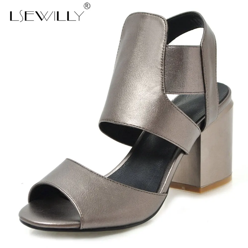 

Lsewilly 2019 Women Sandals Square High Heel PU Leather Coppery Peep Toe Slingback Solid Summer Fashion Sexy Sandals Size 34-48