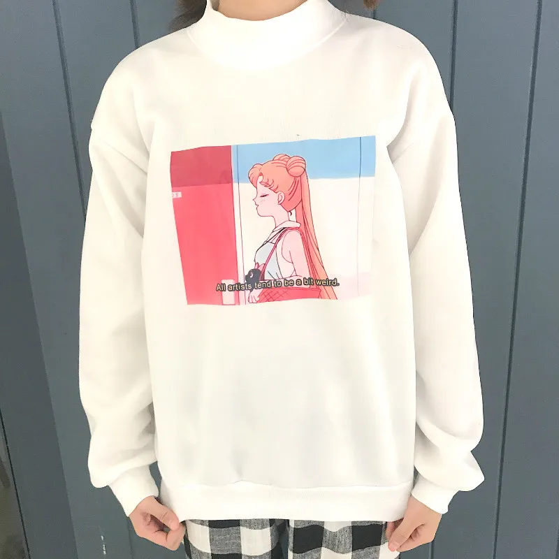 

Autumn College Wind Small Fresh Semi-high Collar Loose Pullover Female Harajuku Cotton Cartoon Sailor Moon Printed Sweatshirt