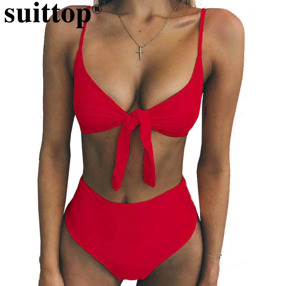 Suittop Bikini Red High Waist Set Solid Swimsuits Adjust Shoulder Strap Swimwear 2018 Summer Bathing Suit Femme Biquinis |