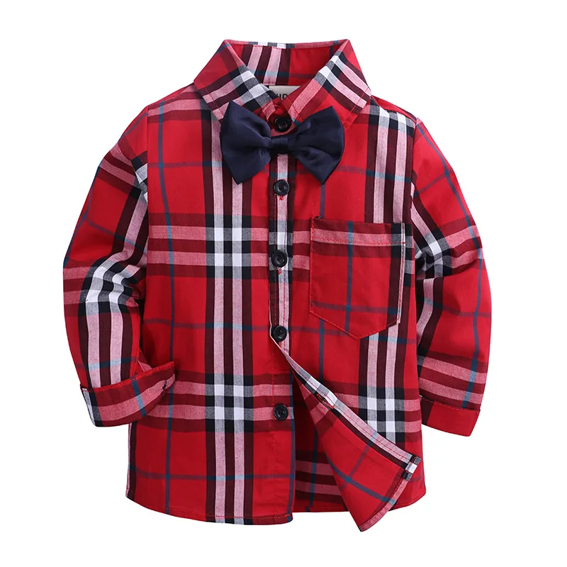 

boys shirts for baby cotton plaid tops autumn children fashion Tees Infant O-neck long sleeve boys blouses & shirts with tie