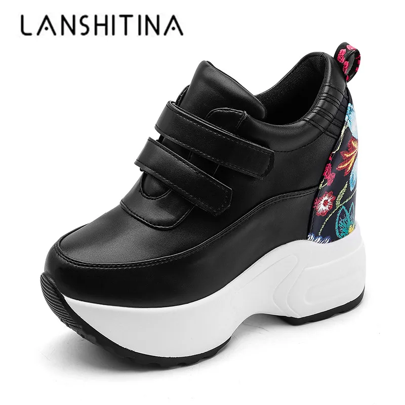 

2018 Autumn Ankle Boots Women's High Platform Sneakers Height increasing Leather Shoes Thick Sole Flower Lady Casual Wedge Boots