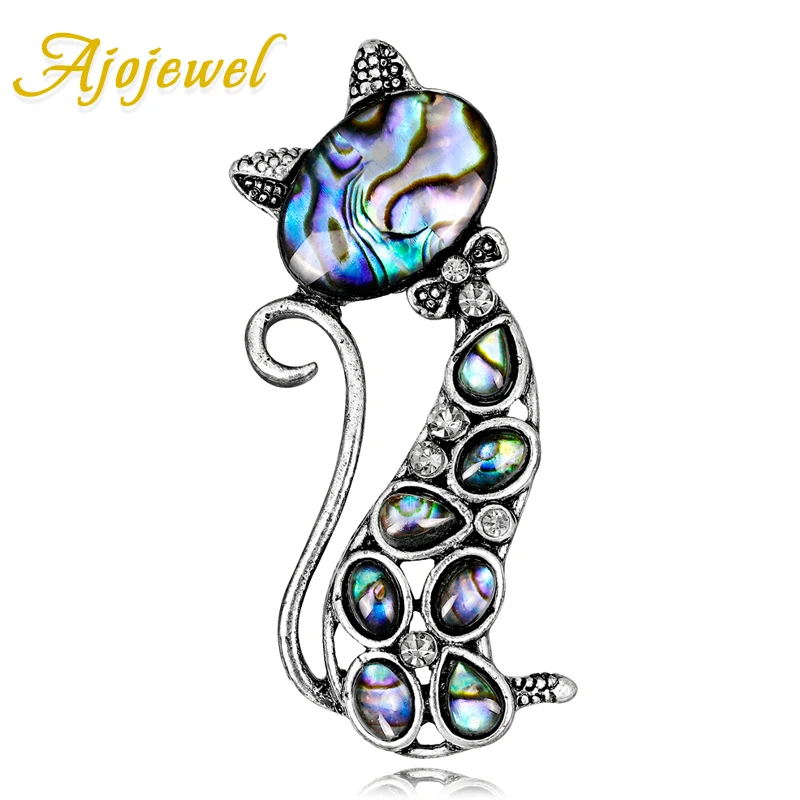 

Ajojewel Fashion Women's Cat Brooch Rhinestone Vintage Collar Brooch Pin Luxury Natural Abalone Shell Jewelry Gift Drop Ship