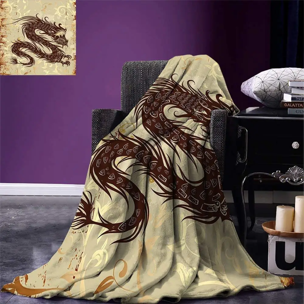 

Japanese Dragon Throw Blanket Antique Paper Style Grunge Backdrop with Old Asian Magical Figure Warm Microfiber Blanket
