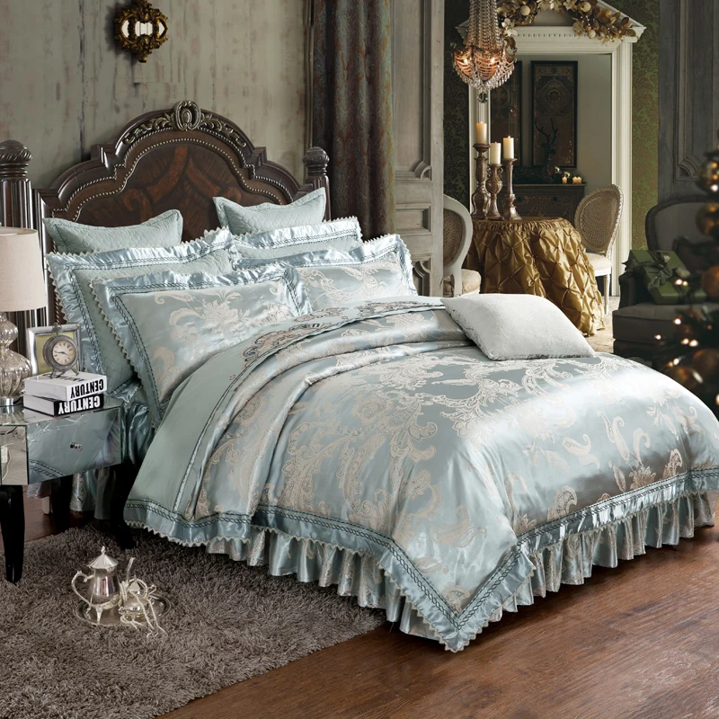 Thick Bed skirt set Luxury Satin Jacquard Bedding sets King Queen Size