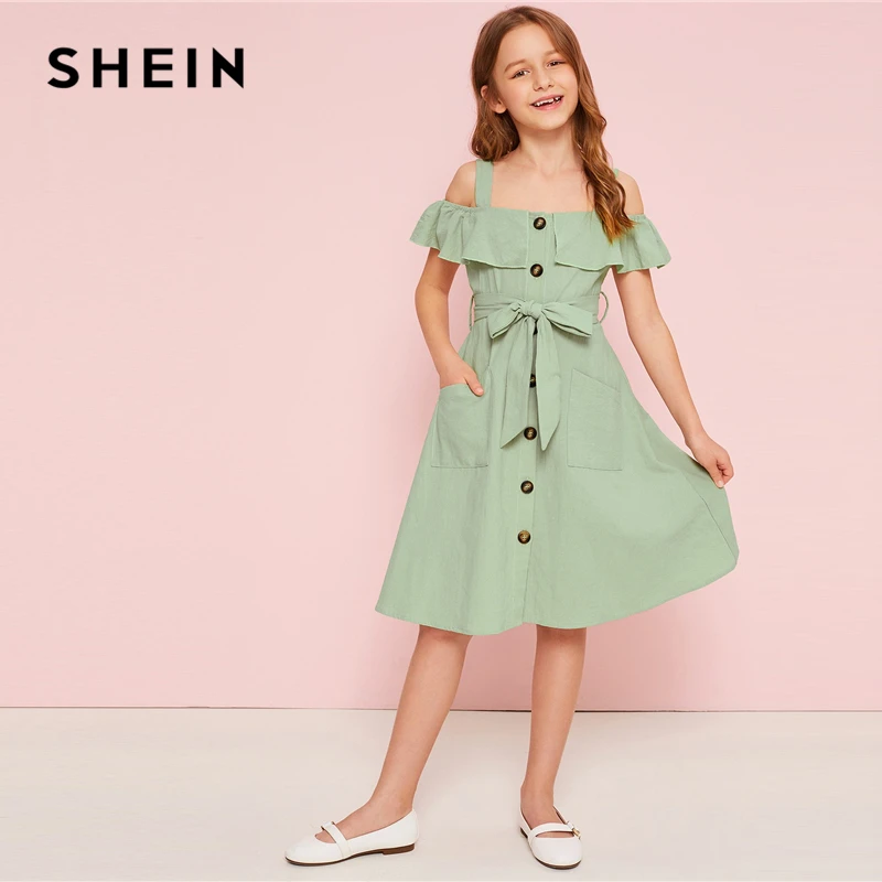 SHEIN детское зеленое платье-рубашка в стиле бохо с открытыми плечами и оборкой, с поясом, летнее милое платье на пуговицах спереди, с высокой талией, длиной до колена