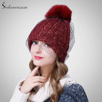 

Sedancasesa New Korean Style Female Autumn Winter Knitted Caps Fox Fur Pom poms Keep Warm Beanie Hats for Women AA150049