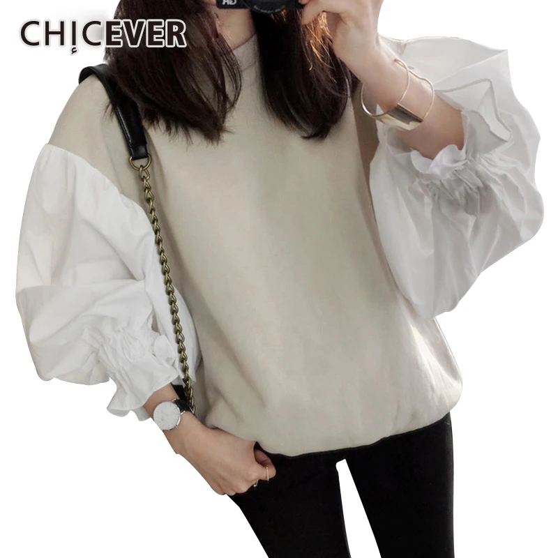 CHICEVER Весенняя женская Толстовка для женщин Топ пуловеры с рукавами в форме фонаря свободного размера плюс больше размера s толстовки Верхняя одежда