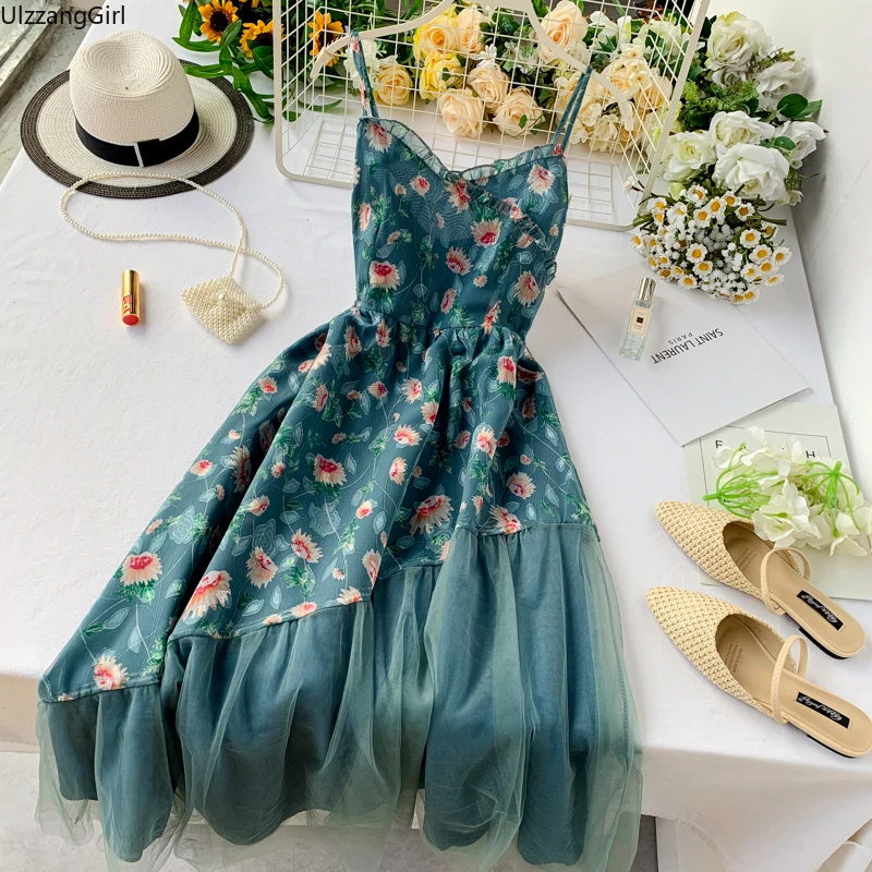 

Vintage Boho Fashion Floral Printed Patchwork Ruffles Lace Tulle Knee High Waist Slim Elegant Party Dress Spaghetti Ropa Korean