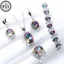 Радужный Цирконий 925 пробы Серебряные Ювелирные наборы для женщин камни ювелирные изделия браслет ожерелье серьги кольца набор подарочная коробка