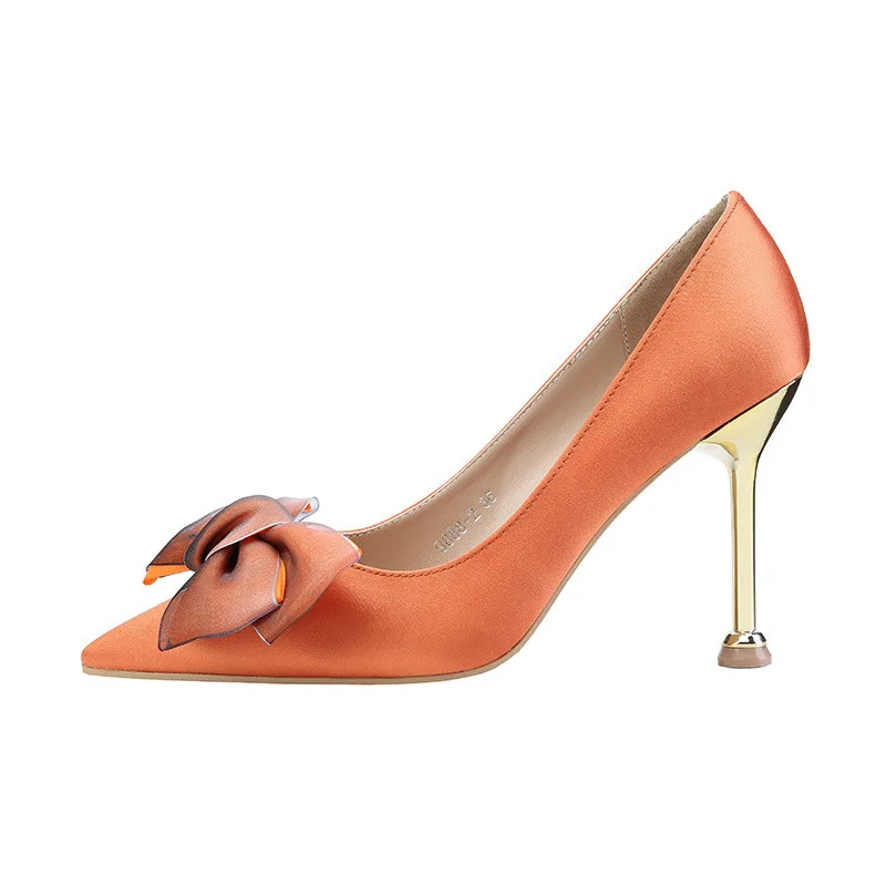 

2019 spring and autumn new sexy pointed sexy stiletto bow professional ol women's shoes orange 0510
