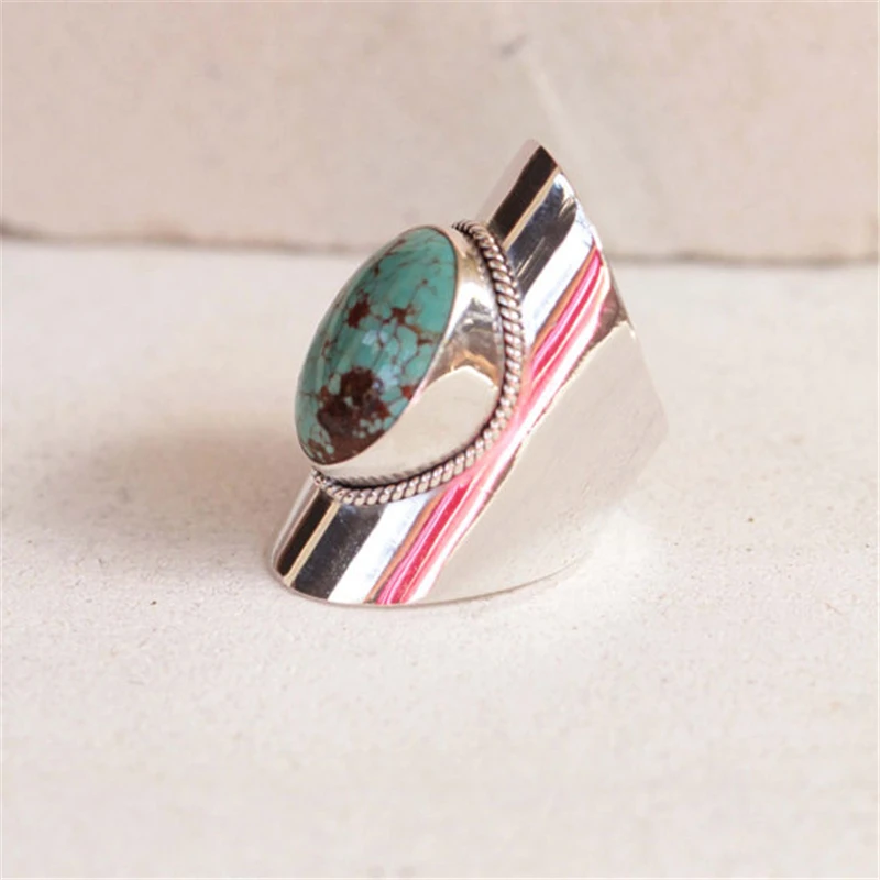 

Bohemia Style Inlaid Big Oval Green Blue Gem Ornament Ring for Women Natural Stone Ring Fashion Knuckle Rings Jewelry Z3X729