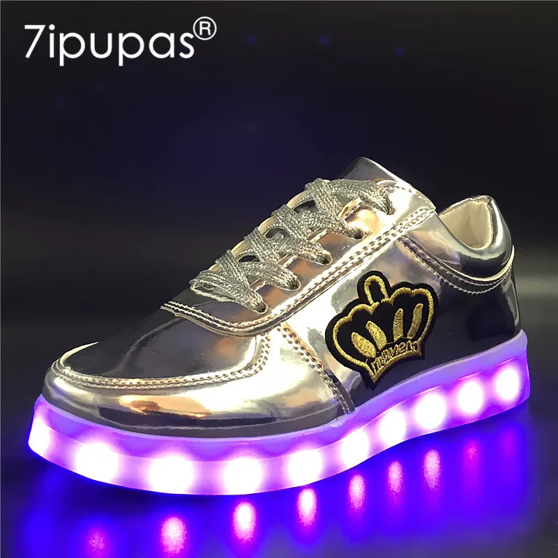 

7ipupas 30-44 An crown embroidered sticker luminous Shoe Boy&girls USB recharging soft bottom led shoe Dazzling glowing sneakers