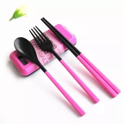 Набор портативной посуды из трех предметов со складной комбинацией ложки вилки палочки для еды Bento Ланч-бокс посуда кухонные инструменты - Цвет: Розовый