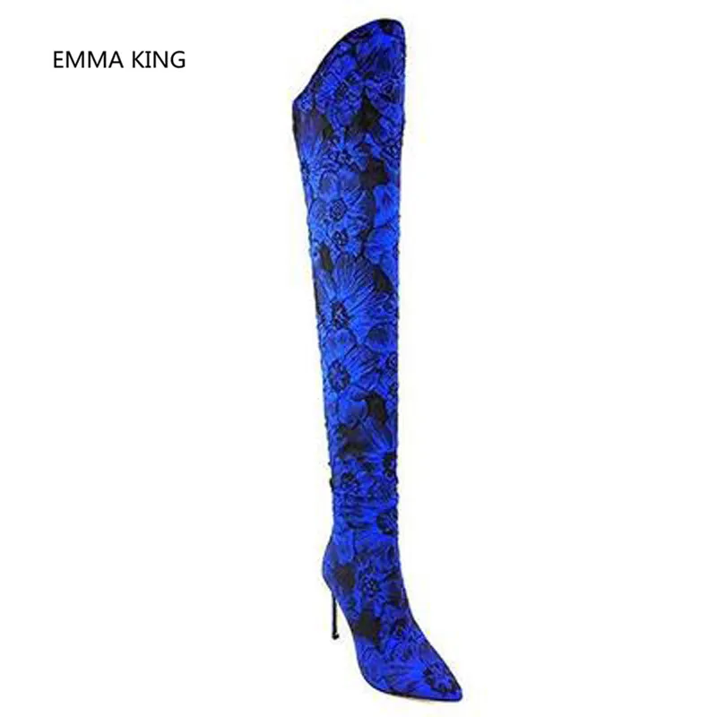 Bleu Sur Cuissardes As Longues Mince Genou Sexy Femmes In Chaussures Picture Les De Pour Shown Pointu Brodé Bottes Le Talons Mode Club Haute Bout qArOq5