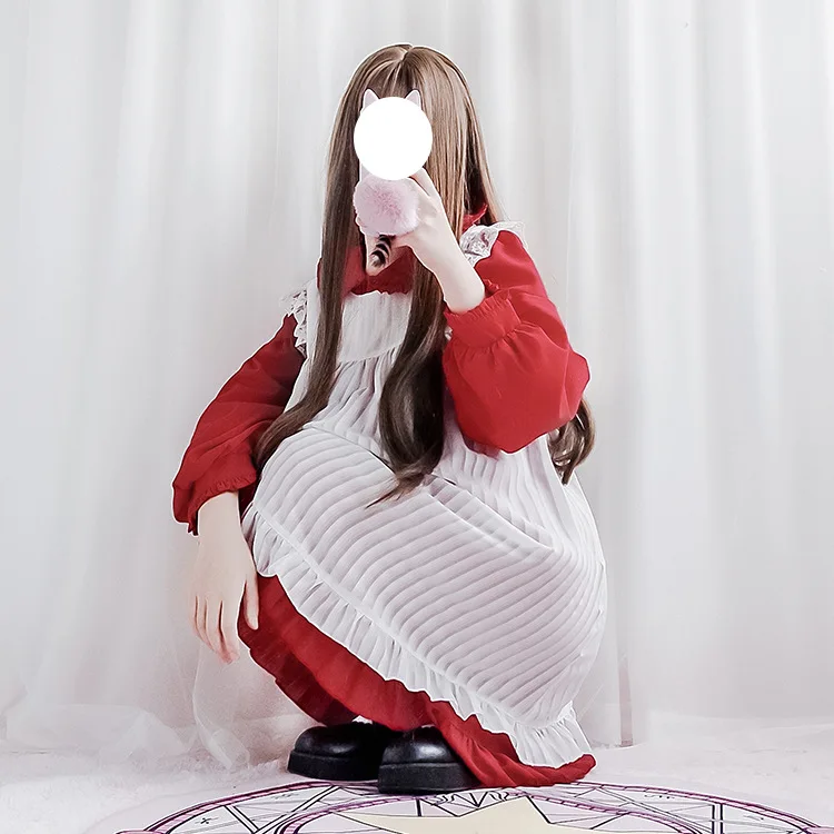 Koop Lolita Jurk Zoete Leuke Kawaii Meisjes Op Prinses Meid Vintage Ruches Rok Bladerdeeg Mouw Rood Zwart Roze Vrouwen Rok Ronde kraag