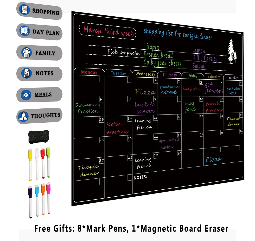 8 ручка сухого стирания календаря-A3 Магнитный сухой стирания ЕЖЕНЕДЕЛЬНЫЙ КАЛЕНДАРЬ для холодильника-список продуктов и неделя меню доска для холодильника