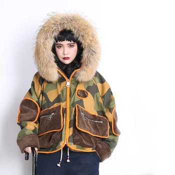 

XYJ430 Casual oversized real raccoon fur collar hooded lambswool camouflage loose long sleeve short winter coat jacket women