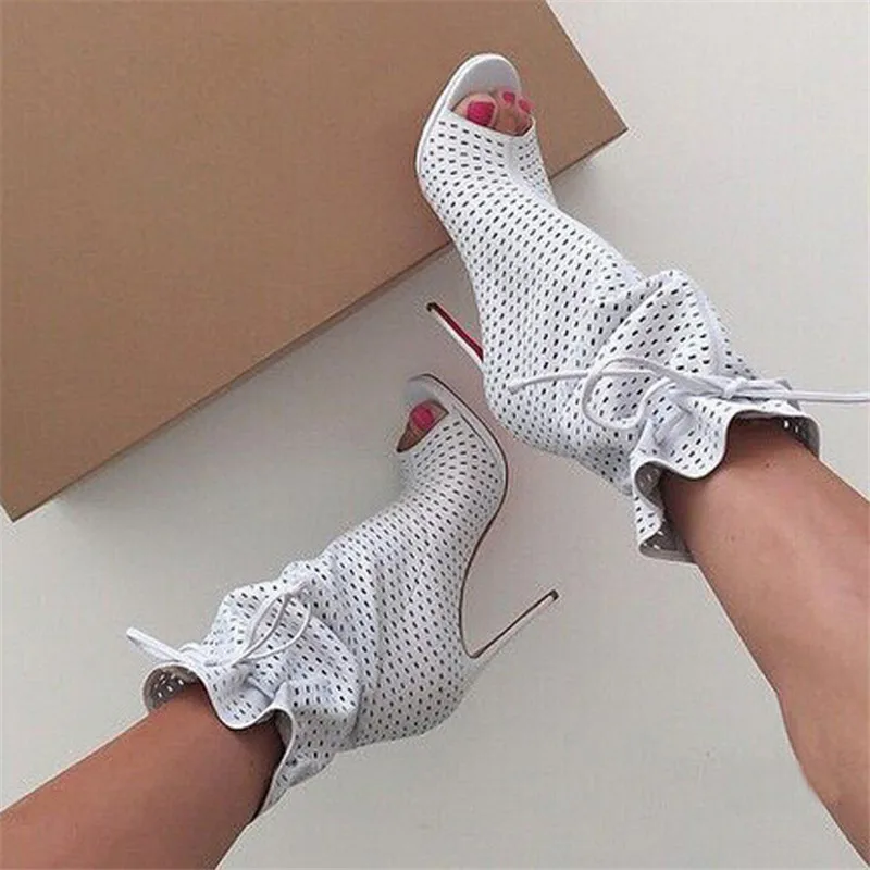 

2019 Fashion Open Toe Summer White Ankle Boots Lace Up Super High Heels Shoes Woman Female Mesh Red Black Botas Mujer 2019