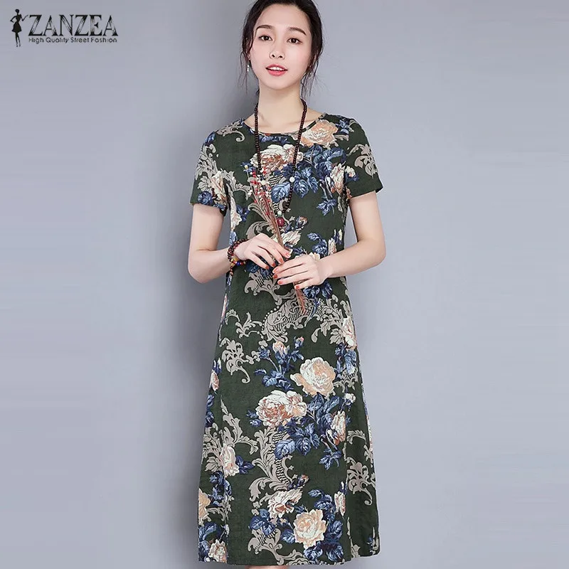 ZANZEA Women Short Sleeve Mid length Summer Dress Casual O neck Print