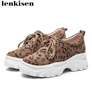 

Lenkisen genuine leather thick bottom flat platform classic leopard lace up sneaker round toe British style vulcanized shoes L18