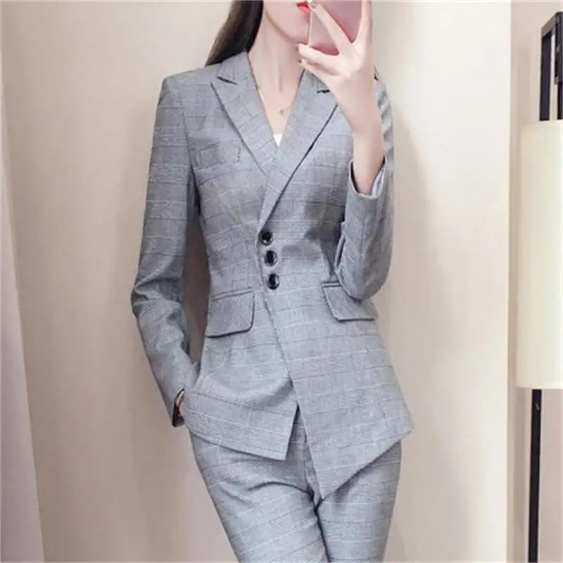 

Fashion Plaid Suit Women Spring and Autumn Large Size New High Quality Plaid Casual Irregular Small Suit + Pants Two-piece Set